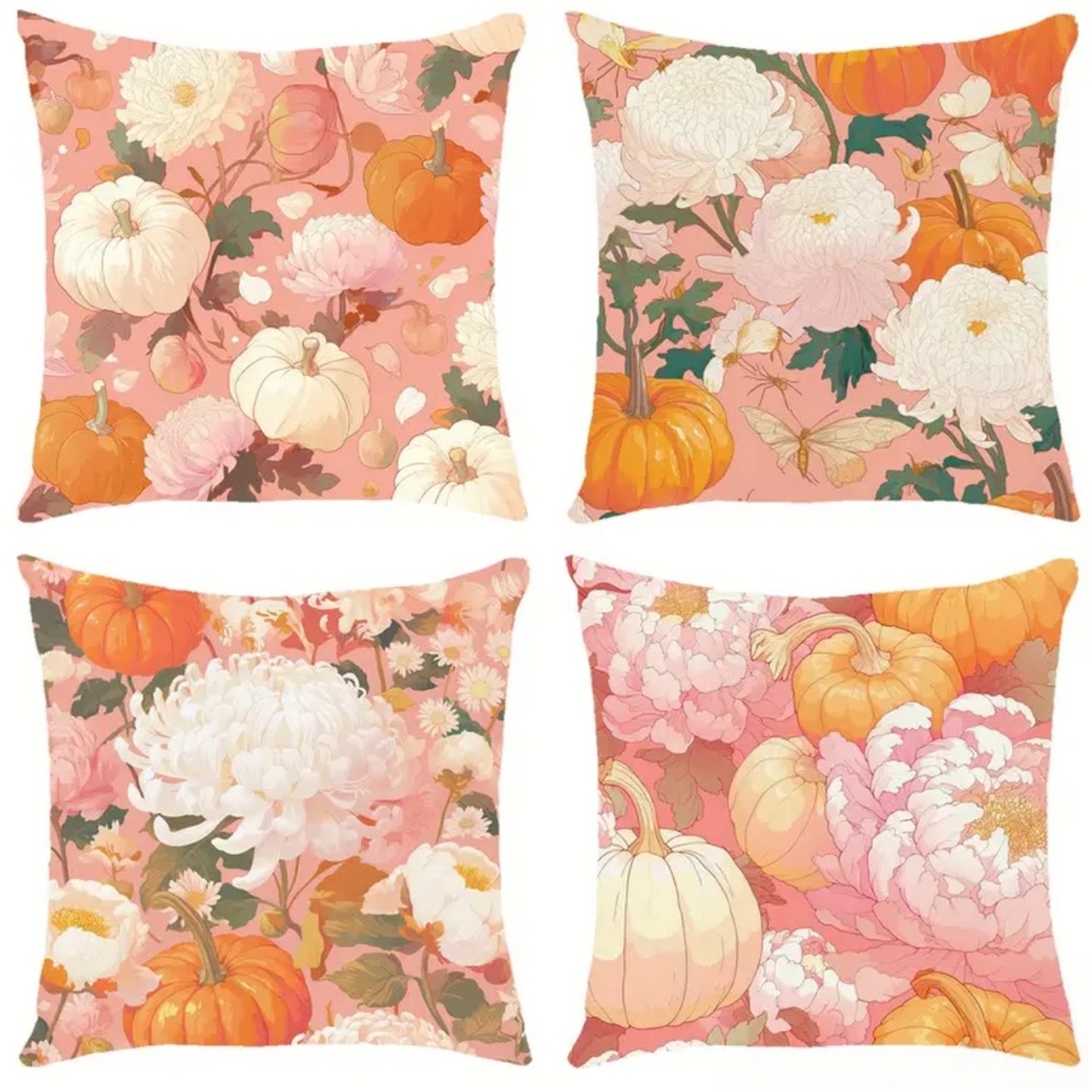 🎃NIP 4/pc/set pumpkins & florals Pillow Covers 🍂PILLOW COVERS ONLY PINK COLOR